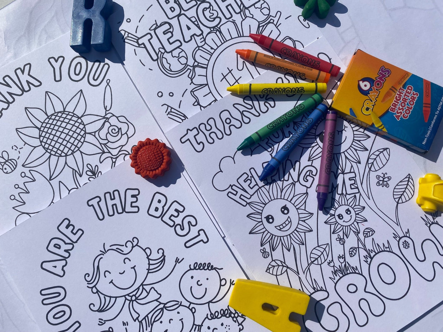 Pack of 4 Teacher Thank You Colouring Cards with Personalised Message and Crayons - Native Crayons