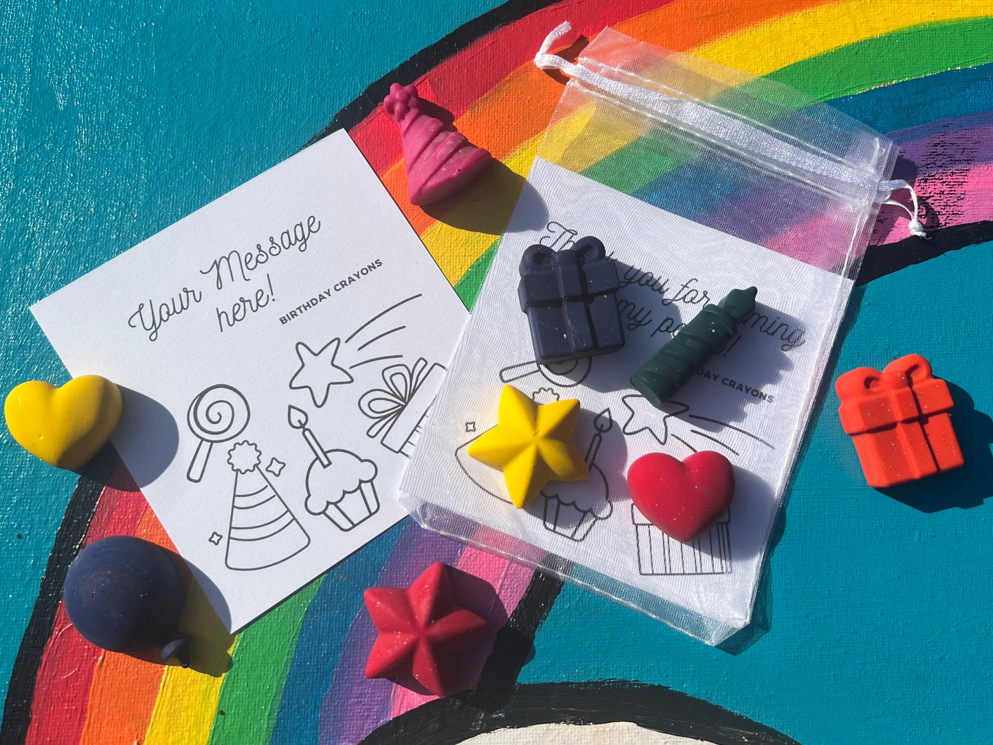 Birthday Crayons party favours with personalised colouring card for Kids