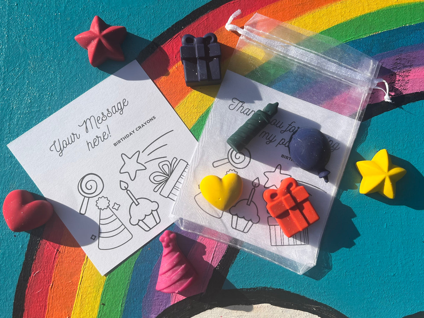 Birthday Crayons party favours with personalised colouring card for Kids
