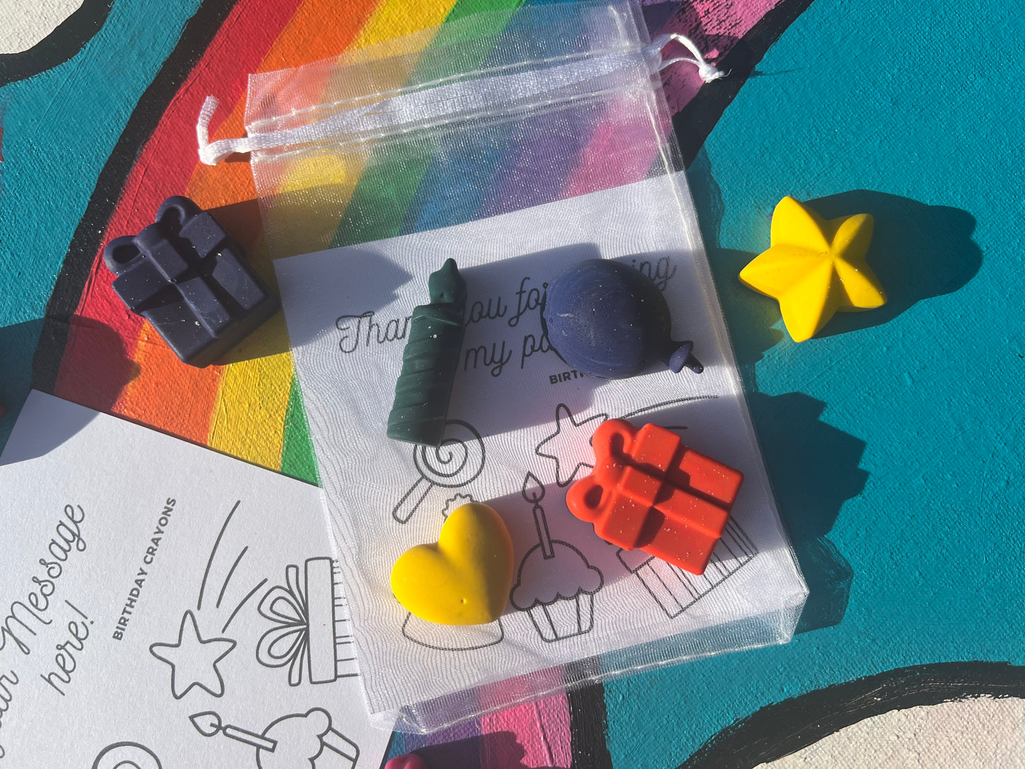 Birthday Crayons party favours with personalised colouring card for Kids