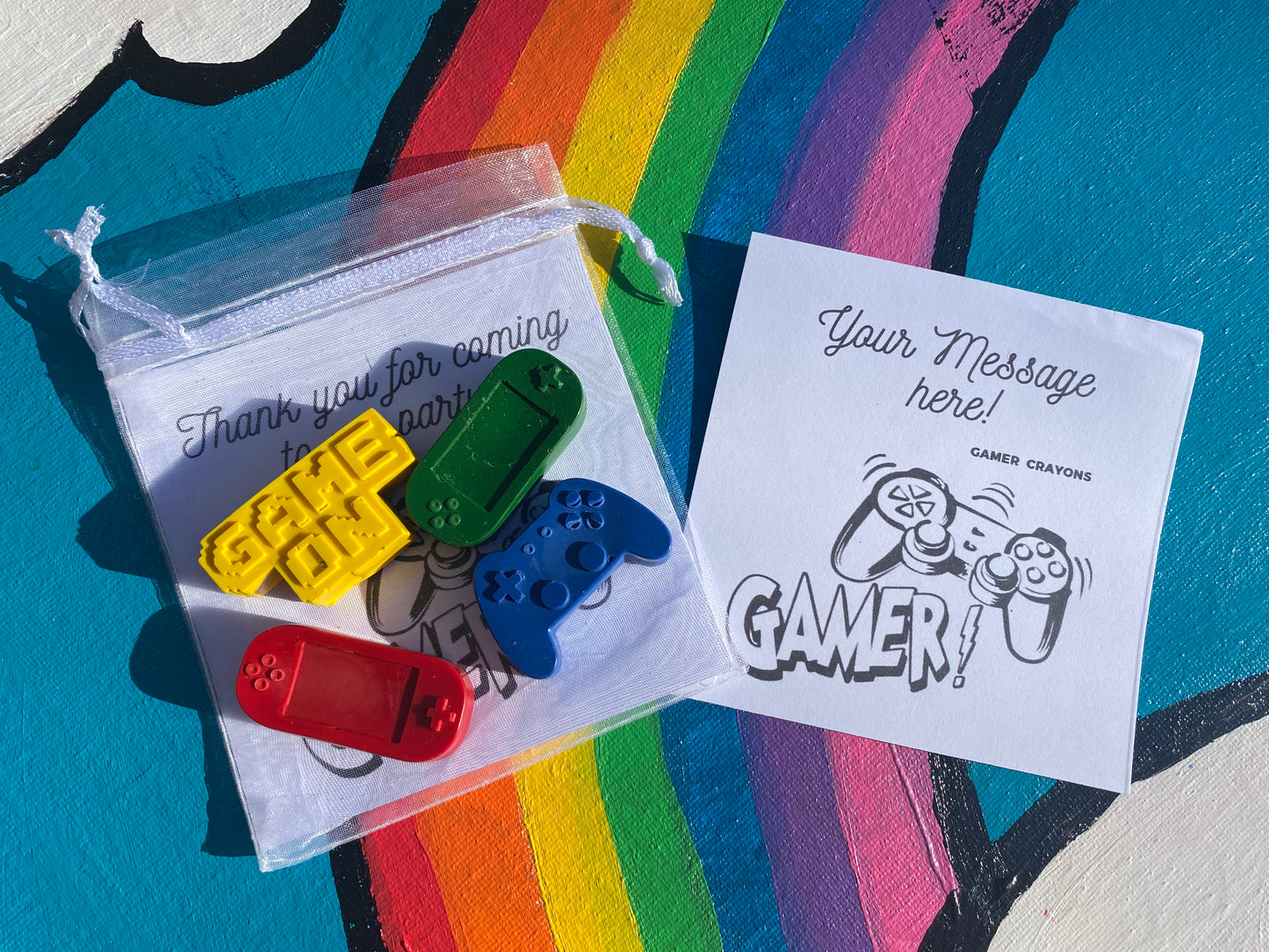 Crayons Gamer themed party bags