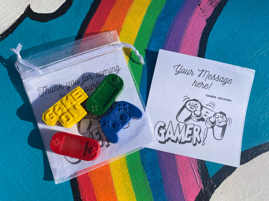 Crayons Gamer themed party bags